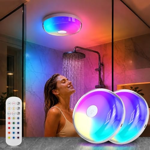 hzuisst 2PCS Wasserdichte Duschlampe, IP44 Wasserdichte Deckenlampe Badezimmer mit 16 Farben, LED Deckenlampe Akku, Kabellos, Touch & Fernbedienung, Ohne Bohren für Badezimmer Keller Treppe