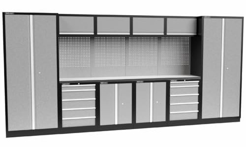 Kraftmeister Werkstatteinrichtung - Männerküche mit 10 Schubladen und 8 Schränken - Werkzeugschrank, Garage - modulares Werkbank mit Edelstahl Arbeitsplatte und Werkzeugwand - Grau