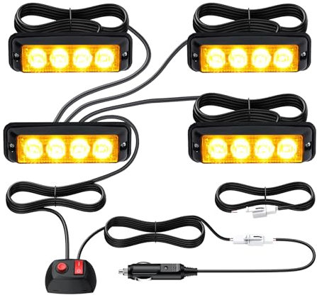 Justech 4PCS 4X4 LED Luci LED Lampeggiante LED Luce Stroboscopica Luce Ambra con Modalità Flash Lampada Strobe Emergenza 12V /24 V Universale per Veicolo Rimorchio Caravan Camion Trattore - E-mark