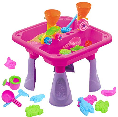 The Magic Toy Shop Sand and Water Table, 23-Piece Set, Pink – Includes Watering Can & Accessories, Two Compartments & Drainage – Kids Outdoor Play Equipment for Messy Sandpit Play