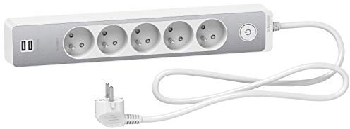 Schneider Electric - Rallonge multiprises 5 Prises 2P+T Blanche Finition Aluminium brossé 2 USB 1,5m, Blanc - ST935U1WA