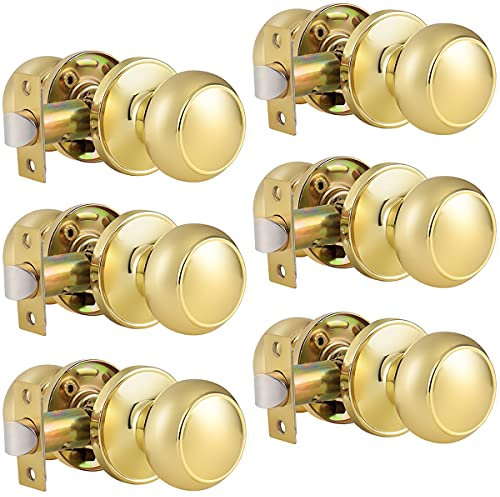 Probrico Polished Brass Passage Door Knobs, Stainless Steel Gold Round Door Knobs, Interior Door Knobs for Hall and Closet, 6 Pack