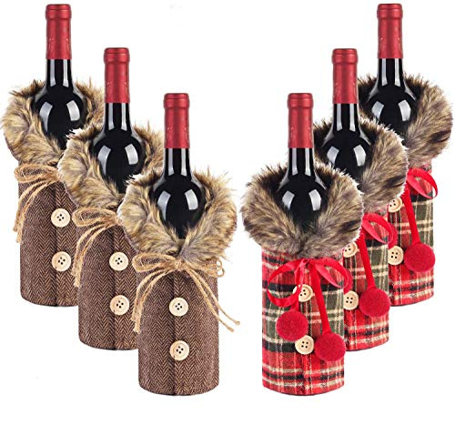 Chandail de Noël Couvertures de bouteille de vin à carreaux pour bouteille de vin Vêtements en lin Bouteille de vin Robe avec col en fausse fourrure et boutons Design de manteau pour bouteille de vin