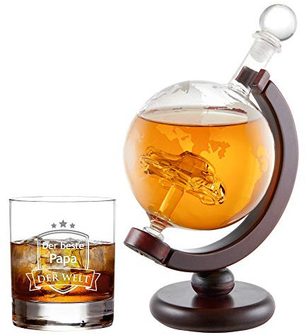 AMAVEL Whiskyset mit Globus Karaffe mit innenliegendem Auto und Tumbler Glas mit Gravur Für den Besten Papa der Welt, Füllmenge: 650 ml