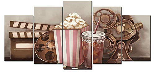 sechars 5 Stück Leinwand Wandkunst Klassische Old Fashion Film Rollen Popcorn Poster Gemälde Vintage Bar Pub Home Movie Theater Media Room Wall Decor Gallery Wrap Artwork Fertig zum Aufhängen
