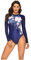 BEACHKINI Women's Zip Up Rash Guard Long Sleeve Swimsuit One Piece Swimwear,Blue Flower,M
