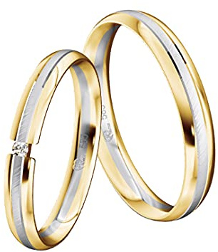 JC Trauringe Gold 585 Bicolor Paarpreis Poliert/Mattiert I Einzigartige Partnerringe in Gelb- und Weißgold mit Gravur in edler Schatulle I 2 Hochzeitsringe Herrenring & Damenring mit Stein I ICT15