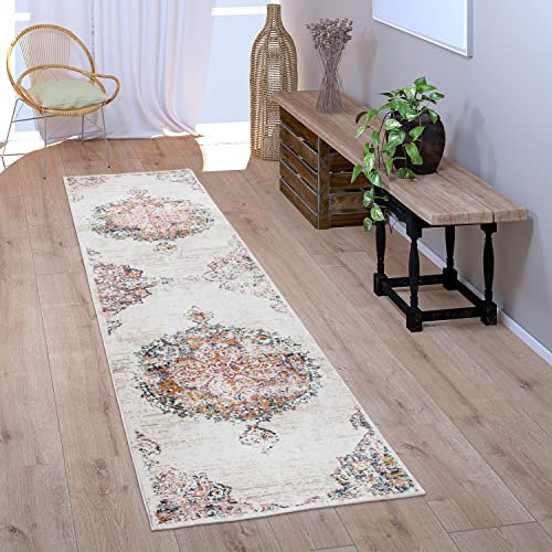 Paco Home Teppich Läufer Flur Schlafzimmer Kurzflor Vintage Pastell Modernes Orientalisches Muster, Grösse:80x150 cm, Farbe:Creme