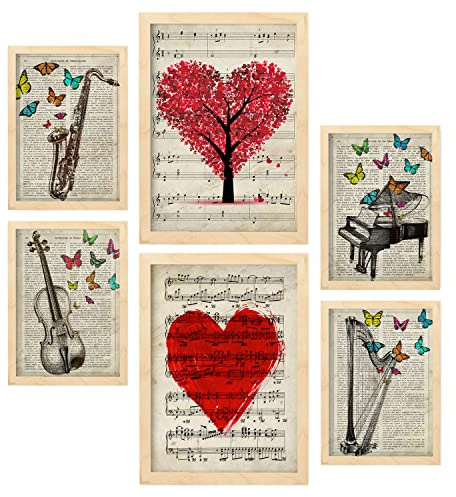 Nacnic-Set von 6 Vintage-Musik-Poster. Sammlung von Platten mit ästhetischer Collage für Innendekoration. Größen A3 und A4. Mit Holzrahmen.
