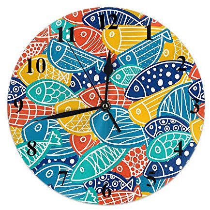 Orologio a forma di pesce Simpatico pesce di mare colorato con motivo a onde e paillettes a pois Orologio da parete rotondo da 10 pollici Orologio da appendere silenzioso senza ticchettio per la decor