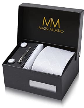 Massi Morino Krawatte Weiss Quadrat mit Einstecktuch Set Herren inkl. Manschettenknöpfe, Krawattennadel und Geschenkbox - Männer Krawattenset