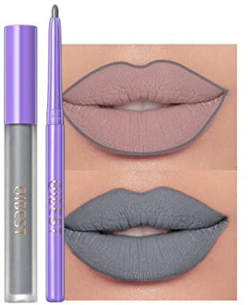 Matte Lip Liner & Lip Gloss Kit Weiß Grün Schwarz Lila Vampir-Lippenstift Antihaft-Becher, nicht verblassender flüssiger Lippenstift, langlebig für Halloween (#4 Grau)