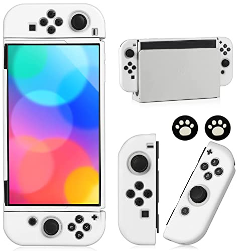 Bruximly Switch OLED Case for Nintendo Switch OLED Model, Dockable Cover Soft TPU Protector Case with 2 Pcs Thumb Caps, White