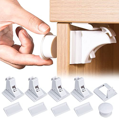 Lot de 4 serrures de sécurité pour enfants + 1 clé de sécurité magnétique pour enfants, sécurité de bébé, serrure de tiroir invisible, sans perçage ni vis