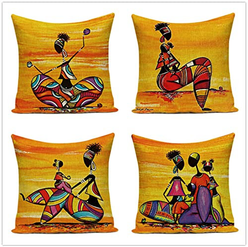4er Set Kissenbezug 70x70cm, Baumwolle Leinen Dekokissen Kissenbezüge Sofakissen Dekorativ Kissenhülle Zierkissenbezüge für Sofa Schlafzimmer Wohnzimmer Couch Zuhause Dekor Abstraktes Afrika, 28x28in