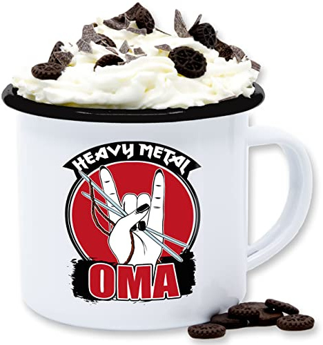 Emaille Tasse Blechtasse - Großmutter - Heavy Metal Oma - Stricknadeln - schwarz - 300 ml - Weiß Schwarz - tag geschenk omi stricken kaffeetasse geschenke für zum muttertag omas tassen