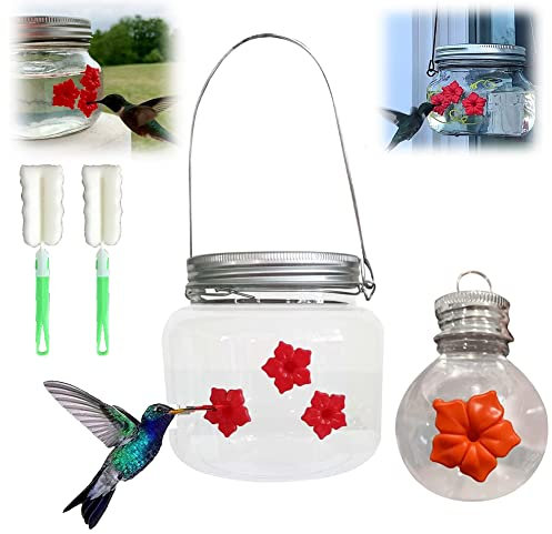 2PCS Mason Jar Hummingbird Feeder with Cleaning Brush, 1 & 3 Flower Feeding Ports Portable Clear Plastic Bottle,Little Bird Feeding Jar Hanging Bird Feeder