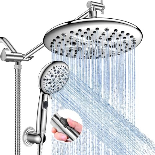 FEELSO Shower Heads with Handheld Spray Combo, 10 High Pressure Rain 7 Settings Showerhead with 11 Adjustable Extension Arm, 9 Functions Handle Set with ON/Off Pause Switch, Built-in Power Spray