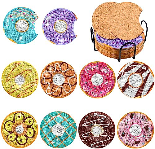 KRUCE 10 PC Donuts Thema Diamant Malerei Untersetzer, Donut Diamant Kunst Untersetzer mit Halter Teetasse und Kork Matte für Anfänger Kinder Erwachsene Kunst Handwerk Zubehör