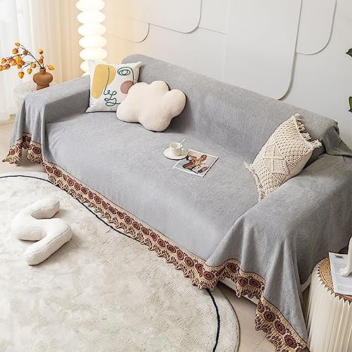 Homxi Couch Überzug Zweisitzer,180x200CM,Sofa Überzug Decke Einfarbig mit Spitze Sofahusse Chenille Sofa-Handtuch Grau Sofahusse Überzug
