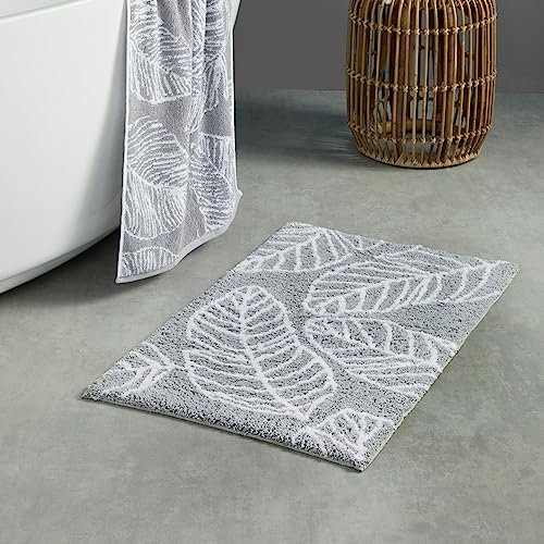 Fusion - Grey Leaf Bath Mat (50 x 80cm) - 100% Cotton - Super Soft - Tropical Palm Leaves Bathroom Mat/Toilet Mat in Grey - Absorbent Bath Mat - Grey Bathroom Accessory - Matteo Collection