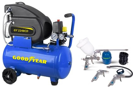 Goodyear Compressore d'aria 24 l, 2HP, 8 bar, 188 l/min, kit con accessori, pistola a soffiaggio e gonfiatore con manometro, tubo 5 m, portatile, ideale per pittura, fai da te e officina