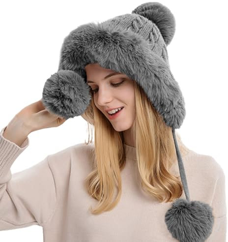 Rayson Damen Mütze Winter Warm Strickmütze mit Pompom Dick Wintermütze mit Gepolstertem Fleece Futter Winddicht Outdoor Ski Fahrrad(Grau)