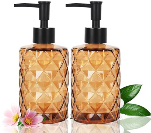 YCWF Lot de 2 distributeurs de savon liquide en verre ambré pour salle de bain, 340,2 g, distributeur de savon liquide transparent avec pompe, distributeur de savon pour les mains et vaisselle