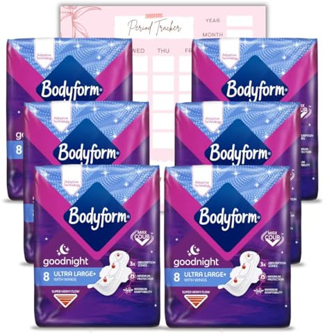 Body Form Ultra Goodnight - Toallas sanitarias con alas, 48 (8 x 6 paquetes) almohadillas de período para uso nocturno, flujo súper pesado, Cour-V Ultra Night (paquete de 6) (paquete de 6)