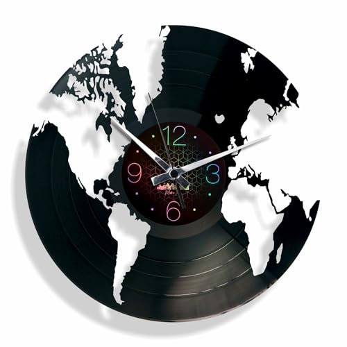 DISCOCLOCK - Orologio in vinile SILENZIOSO e PERSONALIZZABILE - WORLD - IDEA REGALO A TEMA MONDO PER CHI AMA VIAGGIARE (Quadrante olografico)