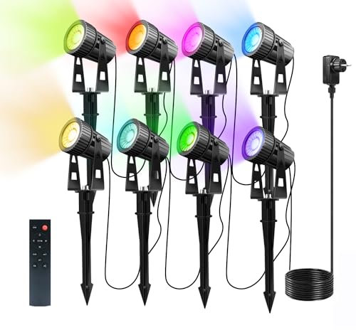 8 éclairage de jardin LED RGBW avec Timer Télécommande projecteur de jardin blanc chaud 3000K COB avec piquet Spots LED Jardin Extérieur, 12V 24W IP65 étanche Lumière Extérieur LED Projecteur