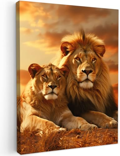 MuchoWow© Leinwandbild Dekoration Wohnzimmer Bilder Aufhängen Wall - Tiere | 50x70 cm - Decoration Living Room Wohnungs Deko Moderne Löwen - Sonnenuntergang - Afrika - Savanne