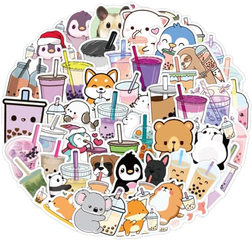 VIVIIHOO 100 x Bubble Tea Aufkleber Set - Süße Cartoon Tieraufkleber für Alben, Notizbücher & Scrapbooks - Wasserdicht & selbstklebend - Ideal für Laptop, Fahrrad, Koffer & Co.