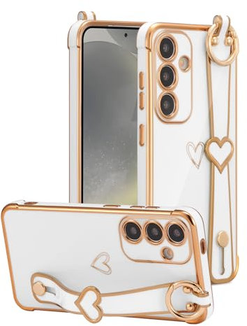 ZTOFERA Compatible with Samsung Galaxy S24 5G (6.2) Case with Stand Strap Handle, Luxury Cute Heart Pattern Plating Edge Silicone Shockproof Cover for Girls Women, White