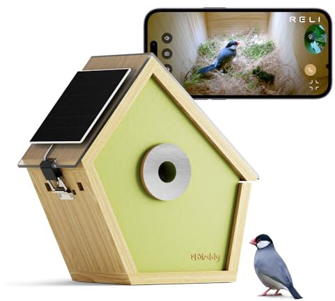 RELI Birddy Smart Birdhouse with Camera, Solar Powered Cam Bird Nest with AI Recognition, Time-Lapse Photography, WiFi Outdoor Nesting Box for Garden Birds, Gift for Bird Lover Watching Birds