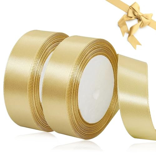 Soodyoow 44 Meters Geschenkband Gold, 2 Rollen Satinband Gold 20mm Breit, Schleifenband Gold, Goldenes Band, Goldenes Geschenkband für Taufe Geburtstag Deko Geschenkverpackung, Hochzeitsdekoration