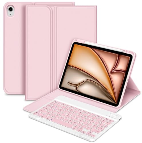 Bettdow for iPad Air 11 Inch M3 2025/ M2 2024 Keyboard Case, UK Layout Detachable Wireless Keyboard, Case with Pencil Holder for iPad Air 11 M2 2024/ M3 2025/Air 5th 2022/ Air 4th 2020 10.9 (Pink)