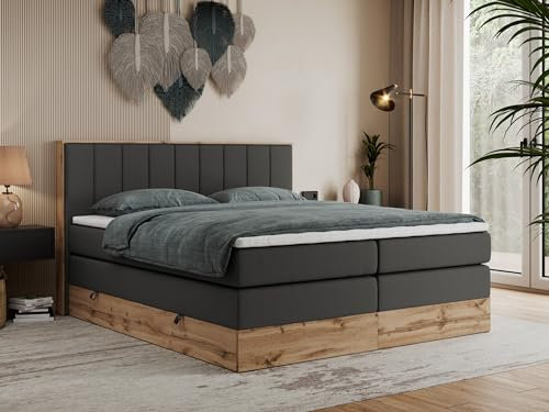 MKS MEBLE King Boxspringbett 140x200 mit Bettkasten Eiche, Polsterbett 140x200 mit Matratze H3, Bett 140x200 mit Rahmen in Wotan Eiche und Kopfteil - Dunkelgrau Kunstleder - Bellissimo King