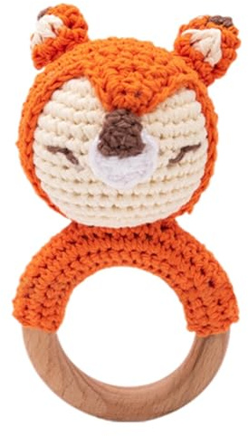 Babyrassel Gehäkelt Greifling Baby Holz gehäkelte Gehäkelte Babyrassel Handmade Rassel Greifling Baby Rassel Beißring Holz Babyrassel Greifling Spielzeug Geschenk zur Geburt für Junge Mädchen