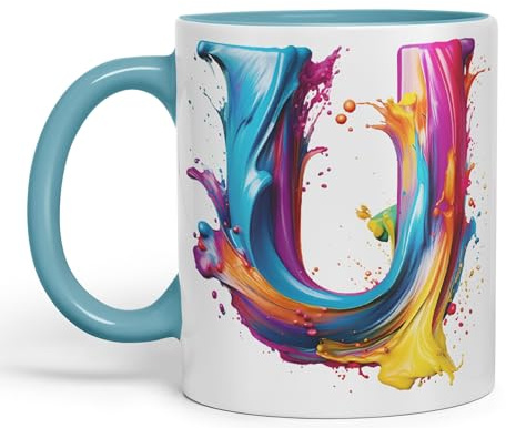 Vixar Letter U Mug, Alphabet Letter U Monogram Watercolour Ceramic Coloured Mug Cup for Tea Coffee Hot Brew 330ml 11Oz Gift (Turquoise)