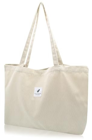 Cord Tasche Damen Umhängetasche Tote Bag Kord Damen Shopper Handtasche Schultertaschen Arbeit Büro Reisen Einkauf Schule Alltag weiß L
