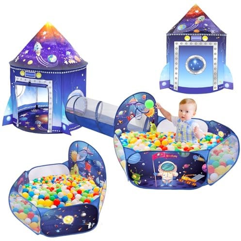 Tente de Jeu de Fusée 3 en 1 avec Tunnel de Fosse à Balles Enfant Astronaute Espace 3PC Playhouse Intérieur Extérieur Pliable Pop Up Tent Set Bluey Toddler Jouets pour Garçon Fille Fête Cadeau de Noël
