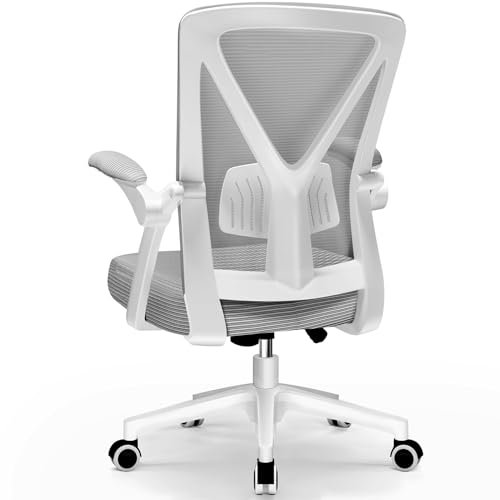 Airchros Bürostuhl Ergonomisch, Schreibtischstuhl mit Hochklappbaren Armlehnen, Einstellbarer Lendenstütze, Höhenverstellbarer Chefsessel Drehstuhl, Bürostuhl mit Wippfunktion bis 125°, Grau