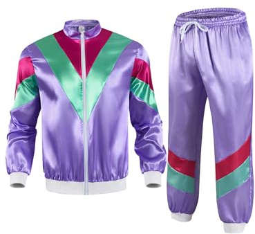 Fldy Damen 80er 90er Jahre Retro Trainingsanzug Assianzug Bad Taste Outfit Prolet Gangster Kostüm Karneval Fasching Mottoparty Set Violett L