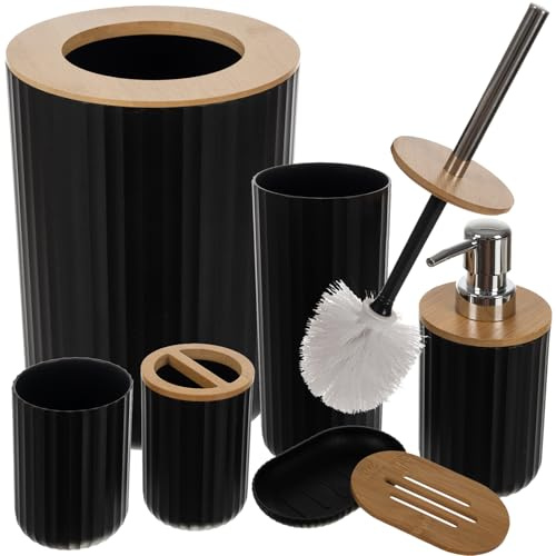 24635 Lot de 6 Accessoires de Salle de Bain avec Distributeur de Savon en Bambou, gobelet, Porte-Brosse à Dents, Porte-Savon, Poubelle de Salle de Bain, Brosse WC (Noir)