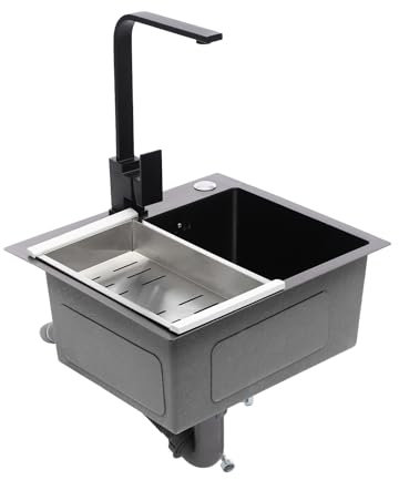 Brride 40 x 45 cm Fregadero de cocina negro de acero inoxidable con grifo y dispensador de jabón, fregadero empotrable con escurridor, fregadero de cocina 1 lavabo