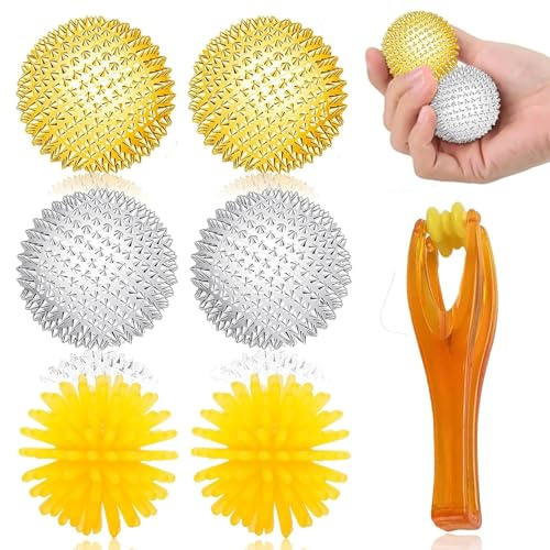 7 Stück Skills Set, 2-Goldene Massagekugeln, 2-Silberne Massagekugeln, 2 Igelkugeln und Fingermassagegerät, Skills Borderline Set, Skills Panikattacken, für Handmassage und Stressabbau