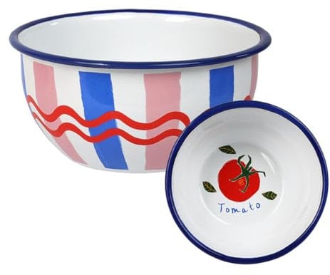 Talking Tables Bon Appetit Handmade Stripy Enamel Bowl, Hand Dipped Design, Durable and Shatterproof Serving Dish for Snacks Crisps, Salads, Fruits, Soups, Cereal, Ramen Noodles, Dishwasher Safe 16cm
