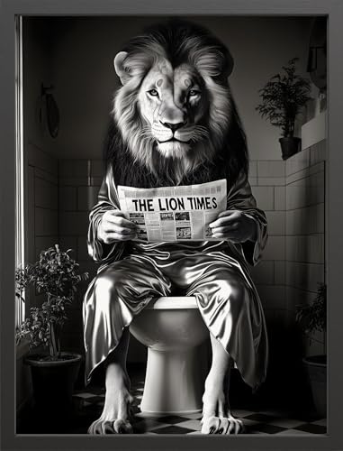STYLER Bild Solo 30x40 cm (AUFHÄNGFERTIG) mit schwarzem Rahmen – Lustiges Löwen-Wandbild für Badezimmer und Gäste-WC – Modern Humorvoll Dekorativ Hochwertig