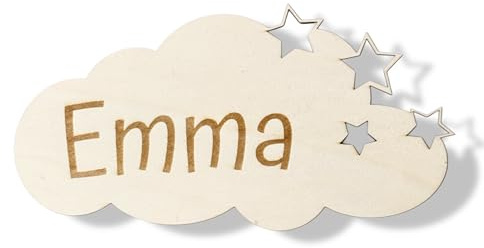 NordicDeern Wolke aus Holz dunkel für Babyzimmer Wand Wandbild Kinderzimmer Dekoration Wand Deko Baby Holzwolke Mond und Sterne Name Schriftzug (Wolke Name)